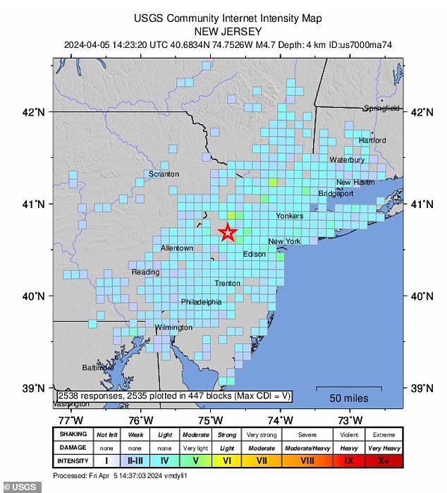 The earthquake was also felt in New Jersey, Virginia and Philadelphia.
