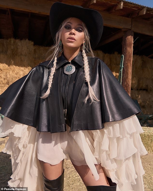 She also modeled a leather poncho over a ruffled jumpsuit as she embraced Western fashion for the photoshoot.