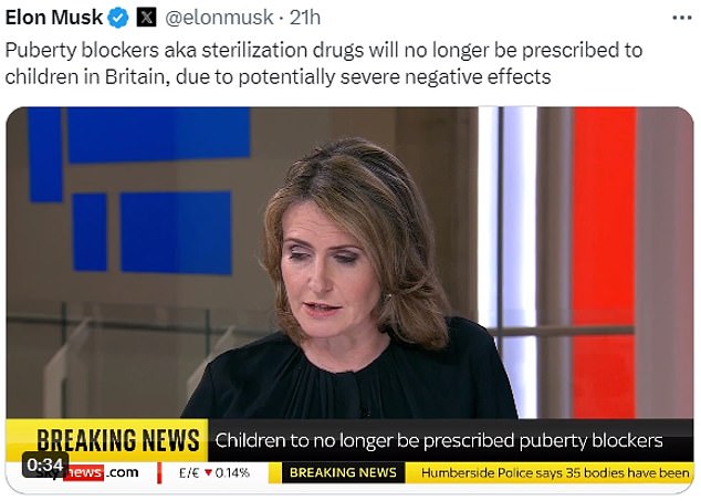 Elon Musk tweeted about Britain's decision to phase out puberty blockers for children.