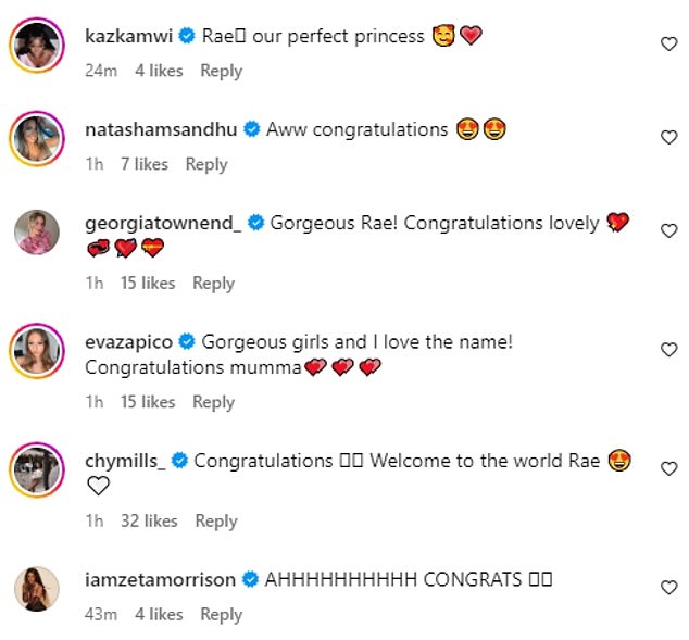 The influencer's famous friends were quick to congratulate her in the comments section, sharing their good wishes after the birth.