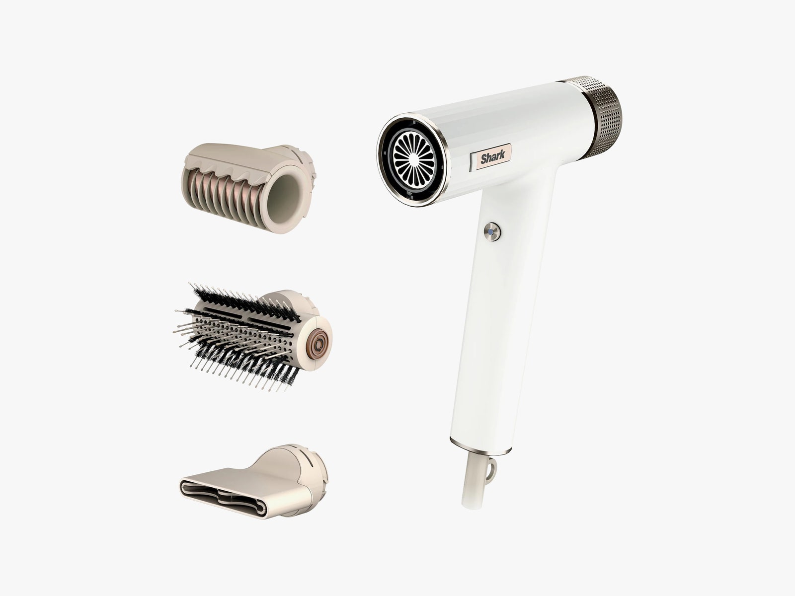 White hair dryer on the right with additional end piece accessories on the left