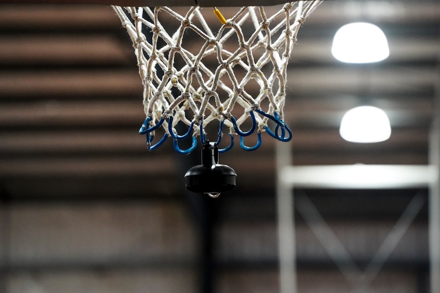 A closeup of a basketball hoop with a bluetooth speaker hanging from the bottom.