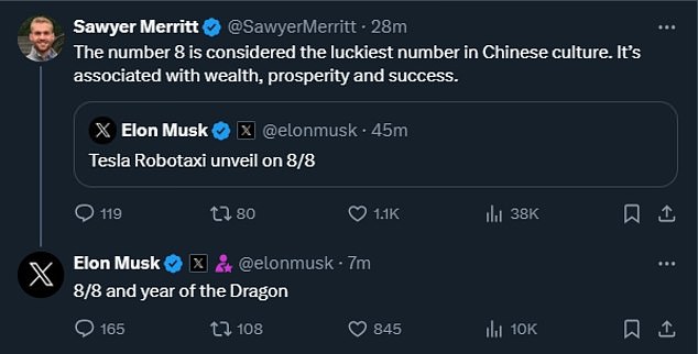 Musk jokes about the lucky symbolism of Tesla's robotaxi with a fan on his social site