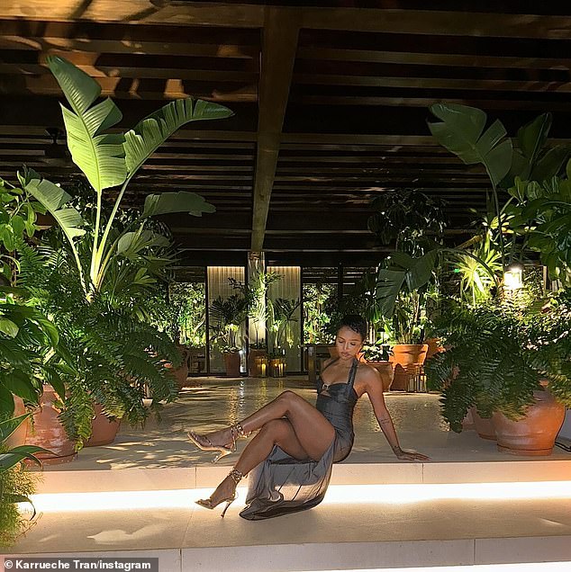 Tran continued to show off her sculpted figure in a flowy gray dress as she posed for a photo among numerous potted plants.