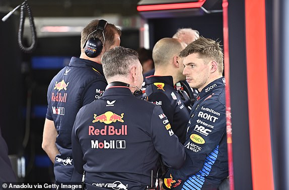 SUZUKA, JAPAN - APRIL 6: Max Verstappen (R), Oracle Red Bull Racing RB19 Honda RBTP (1), is seen in the pit lane during the final Japanese F1 Grand Prix free practice at the Suzuka International Circuit on April 6, 2024, in Suzuka, Japan. (Photo by David Mareuil/Anadolu via Getty Images)