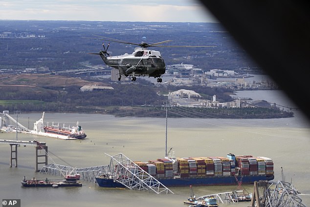 President Joe Biden, aboard Marine One, takes an aerial tour of the collapsed Francis Scott Key Bridge in Baltimore