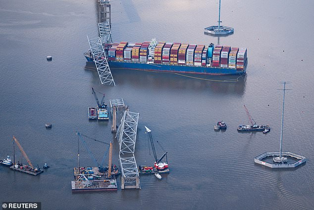 View of the Dali freighter that crashed into the Francis Scott Key Bridge