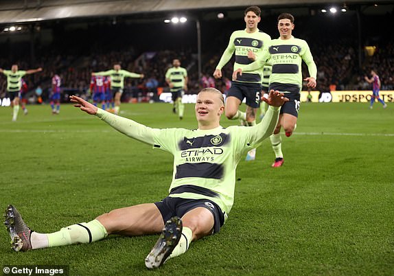 LONDON, ENGLAND – MARCH 11: Erling Haaland of Manchester City celebrates after scoring the team's first goal from the penalty spot during the Premier League match between Crystal Palace and Manchester City at Selhurst Park on March 11, 2023 in London England. (Photo by Alex Pantling/Getty Images)