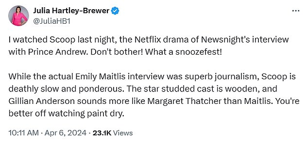 Talk TV presenter Julia Hartley-Brewer gave the film a scathing review