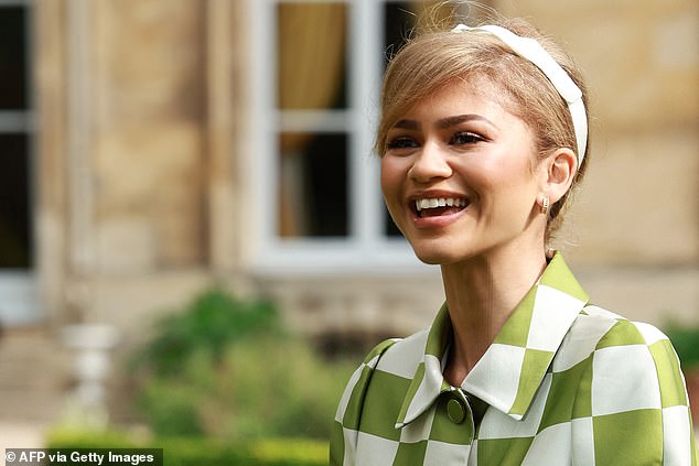 Zendaya also sported a new ash blonde hairstyle with her locks styled in an updo and completed with a white headband.