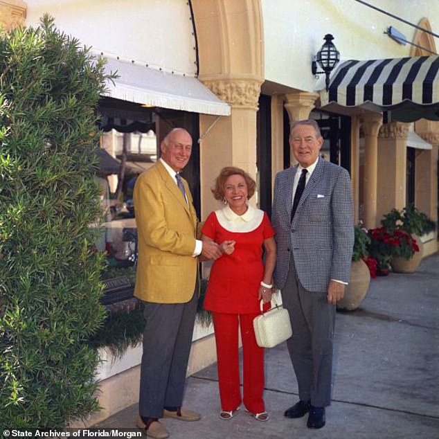 A relaxed image of Eugenie Marron with Alwin Franz and Edwin B. Coleman on the elite shopping street of Worth Avenue