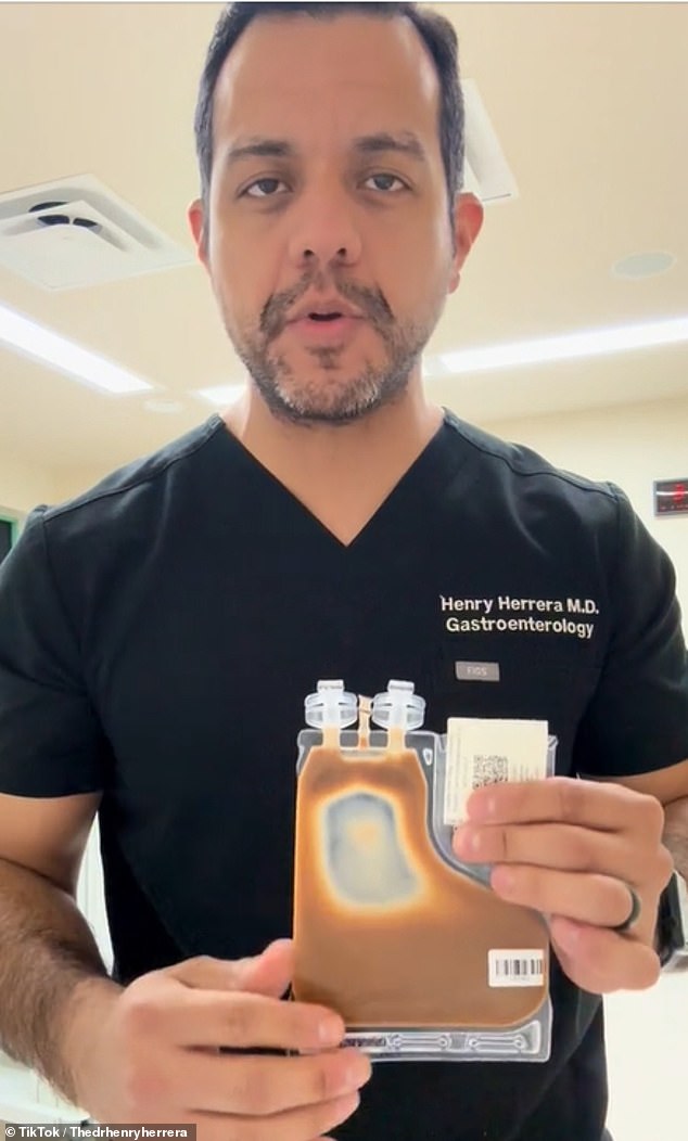 A doctor demonstrates what one of the FMT products they can use in the hospital looks like.