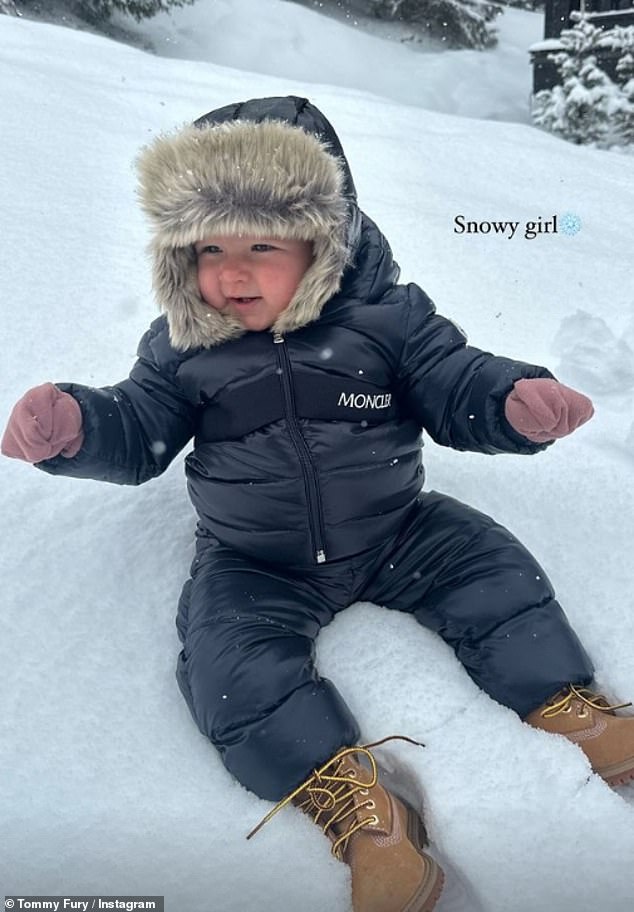 The influencer made sure her baby had the best gear as she dressed her in a £520 black Moncler snowsuit, a £495 Canada Goose snowsuit and a £65 pair of Toddler Timberlands .