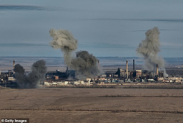General view of smoke coming out of the Avdiivka coking and chemical plant on February 15, 2023 in Avdiivka district, Ukraine