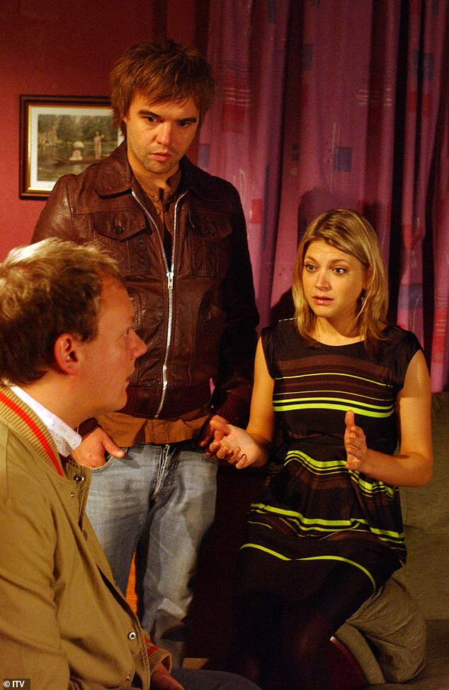 Rupert (above left) is married to his former Corrie co-star Jenny Platt, who played his on-screen love interest Violet Wilson (right) (pictured with Anthony Cotton as Sean Tulley in 2007).