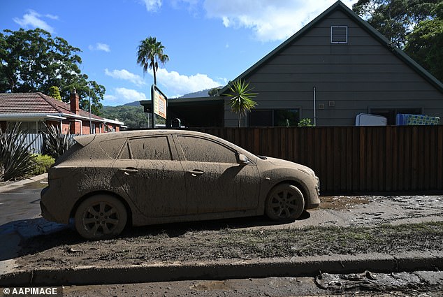 The torrential downpour has created chaos on the streets and everything in them (pictured, a car in Wollongong)