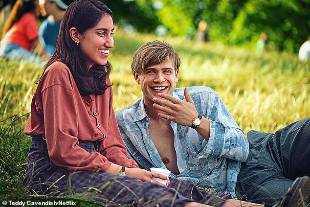 Leo as his character Dexter in the Netflix miniseries One Day with his co-star Ambika Mod, who plays his love interest Emma.