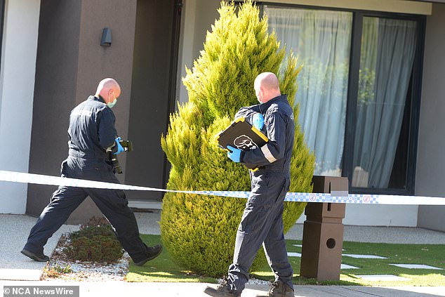 Investigators have said they want to speak to Mr Varikuppala about the death (pictured, police at the house).