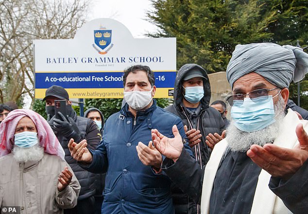 Showing images of the Prophet Muhammad is strictly prohibited in Islam. Protesters take part in a prayer outside Batley Primary School