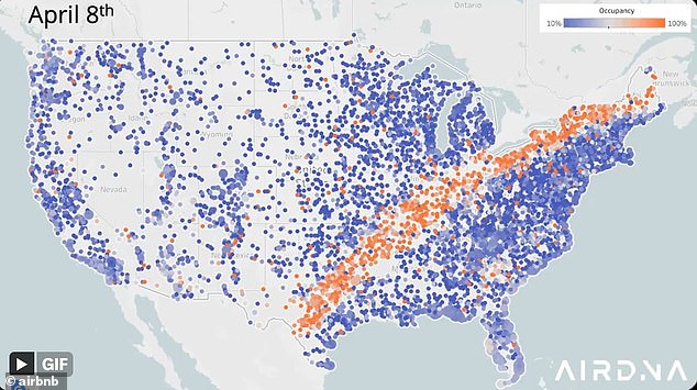 A new Airbnb booking map reveals how desperate people are to find suitable accommodation to view the eclipse: orange dots show 100% occupancy rates and blue dots show only 10% occupancy rates.