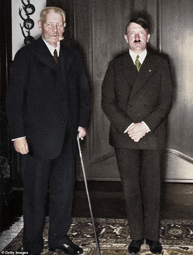 German President Paul von Hindenburg with Chancellor Adolf Hitler after his election victory