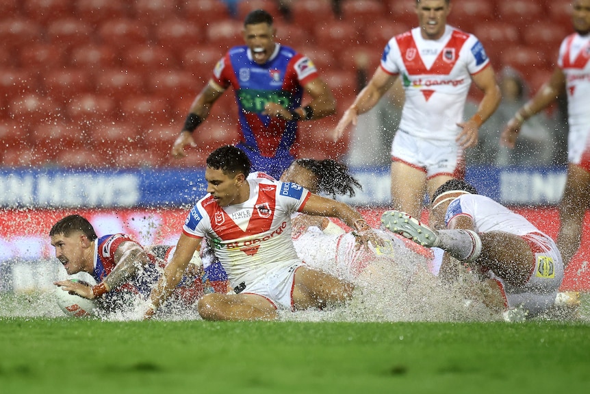 A Newcastle NRL player slides through a huge splash of water after scoring a try, with two Dragons defenders behind him.