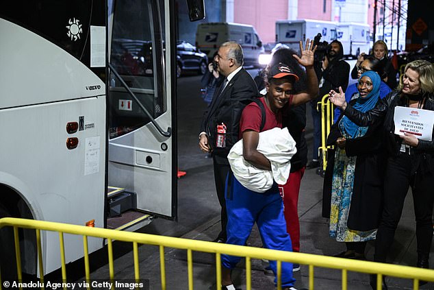 A bus carrying immigrants from Texas arrives at the Port Authority bus station in New York, United States.