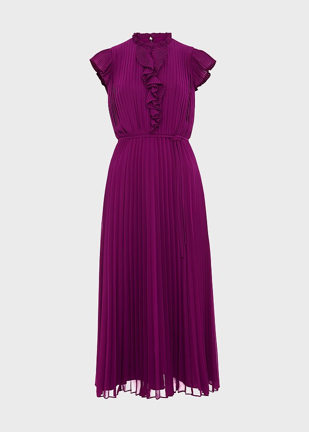It's best to avoid strong colors like fuchsia pink or bright turquoise at a wedding, otherwise you'll be unavoidable in every photo and no one will thank you for it. Dress: £189, hobbs.com