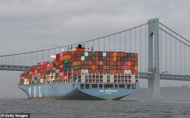 The incident occurred in the Kill Van Kull Waterway, a thin strip of water that separates Newark Bay from Upper New York Bay.  The strait is often filled with shipping containers;  Pictured: a ship sailing through New York Bay