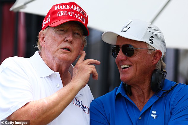 Former President Donald Trump watched the action unfold with LIV Golf CEO Greg Norman