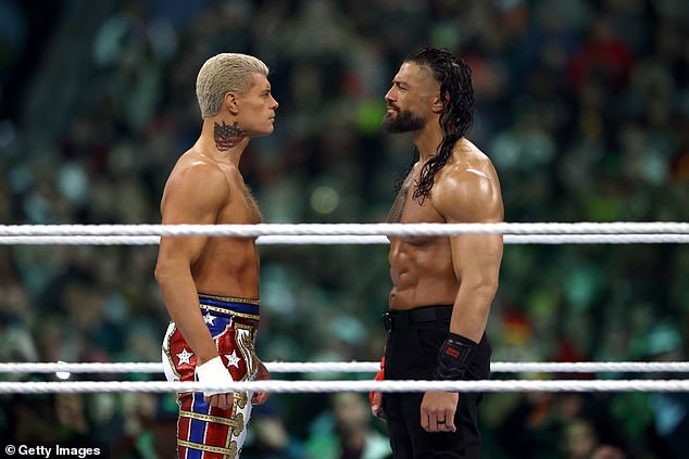 Rhodes defeated Reigns (right) to become the new WWE Champion, ending his opponent's reign of just under four years.