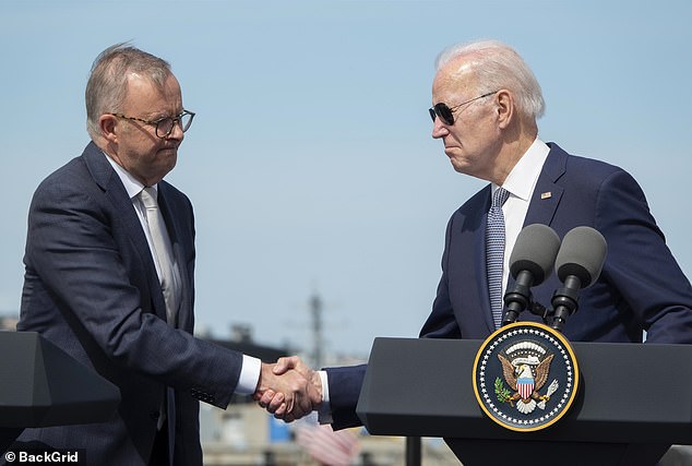 Albanese (left), US President Joe Biden (right) and British Prime Minister Rishi Sunak have discussed the number of jobs that will be created in their countries thanks to the alliance.