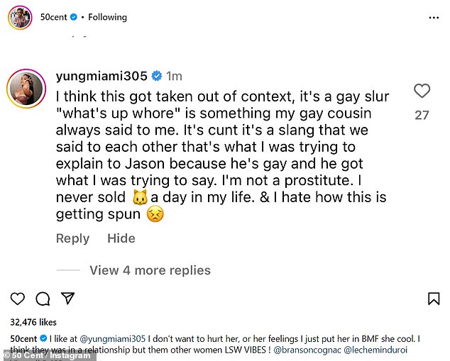 After Yung Miami defended herself in the comments, she reposted a screenshot of the text on her page.