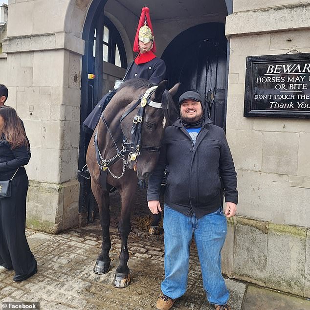 James Wolfe, 40, was shot and killed during an argument in which Mei allegedly told him she wanted him out of the house. She had recently returned to live with them after graduating from university and traveling, posing here with a king's guard in London.