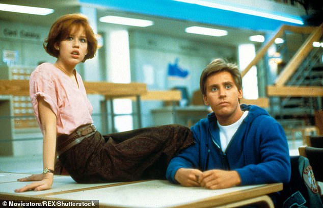 The actress as Claire Standish, a high school brat, with her co-star Emilio Estevez as jock Andrew Clark in director John Hughes' 1987 classic, The Breakfast Club.