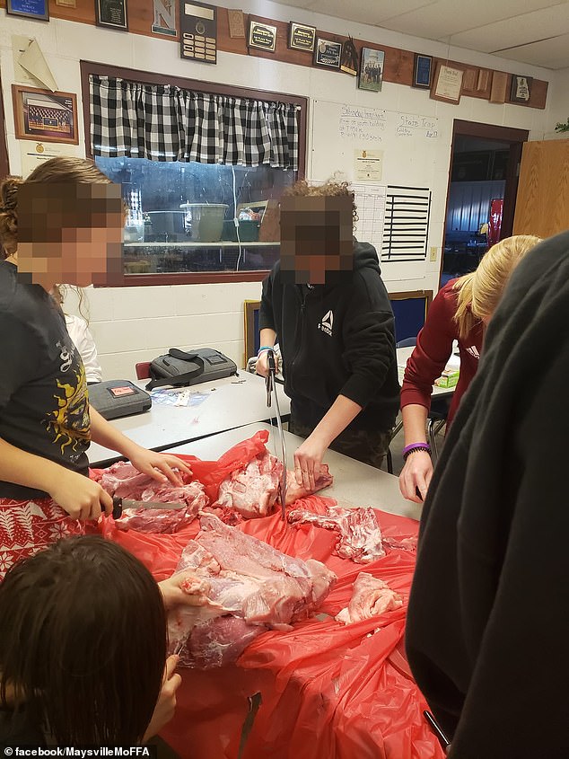 Photos capture a dozen children breaking down the pork rack and slicing the meat before moving to the kitchen table and marinating it to make pork tenderloin.