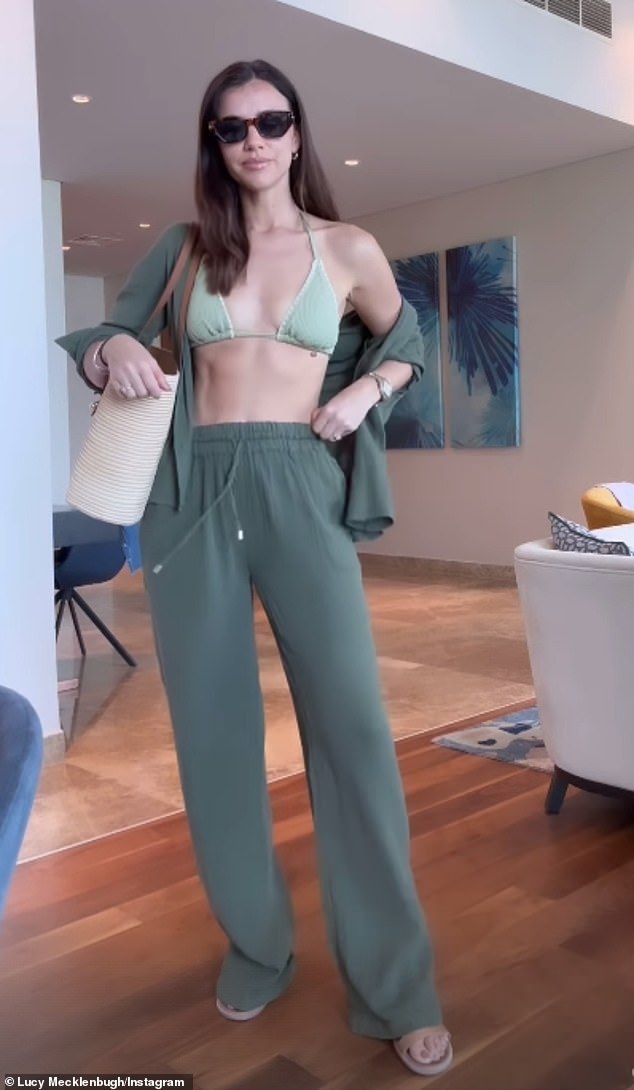 On her Instagram Story, Lucy also posed in a green bikini that she paired with a pair of coordinating wide-leg pants and a matching open shirt.