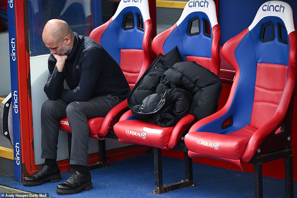 Guardiola spent a quiet moment alone on the bench before kick-off and then came in to give his pre-match talk.