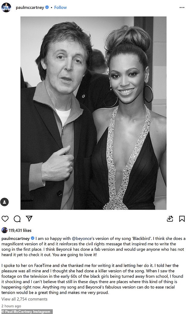 The iconic musician took to his Instagram to praise the cover of Beyoncé's new album, Cowboy Carter, along with a black and white photo of the singers together.