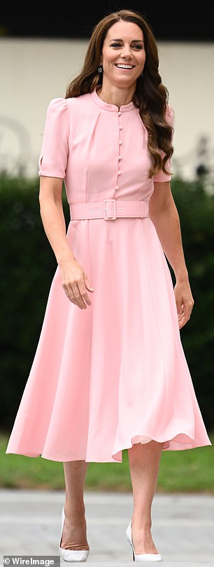 Kate in a pink version of the same outfit in 2023