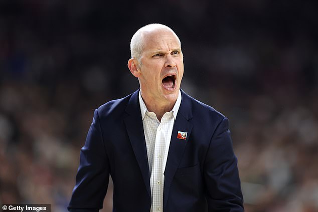 Connecticut Huskies head coach Dan Hurley reacts to a play against Alabama in the Final Four