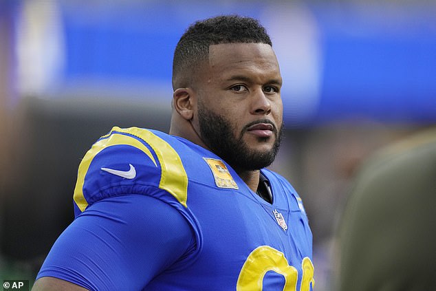 Los Angeles Rams defensive tackle Aaron Donald watches from the bench in 2022