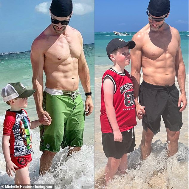 In her final photo, the star shared an old photo of her husband and son alongside a recent one showing Hugh's toned abs and how much AJ has grown.