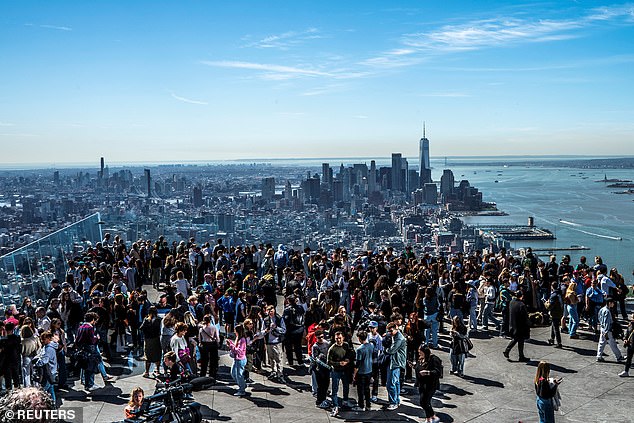 Crowds gather at the Edge observation deck at Hudson Yards in New York City