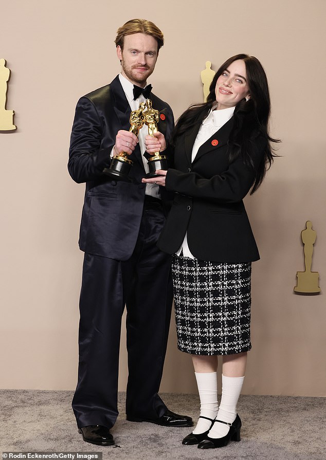 Billie and Finneas (last name O'Connell) recently won two Grammy Awards, a Golden Globe and an Academy Award (pictured March 10) for their whispery song What Was I Made For? off the barbie soundtrack