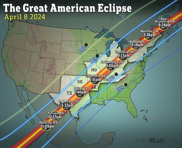 A total solar eclipse will sweep across North America and be visible for up to four minutes