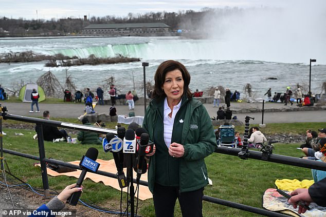 New York Governor Kathy Hochul speaks to the media at Niagara Falls State Park ahead of a total solar eclipse in North America.
