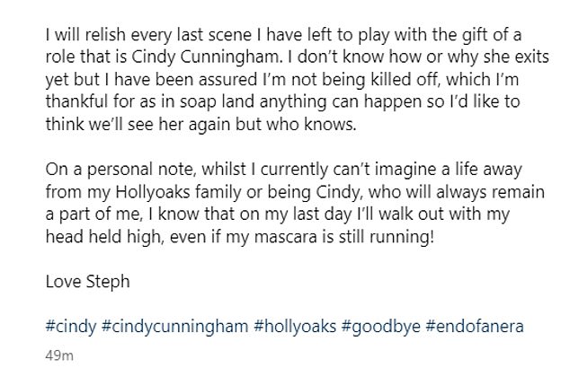 On Instagram, Stephanie explained how the show's bosses had made the decision to fire her from the soap and told her two weeks ago.