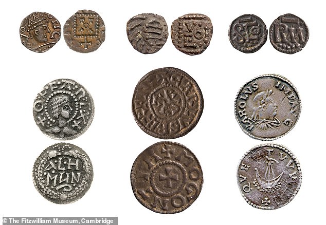 Despite their initial rivalry, England depended on silver from France to produce its own coins.  This image shows six ancient coins on both sides.  The coins that are English are in the top row (left and center) and in the bottom row, on the left.  That is a coin of Offa, king of Mercia, a kingdom in Anglo-Saxon England.