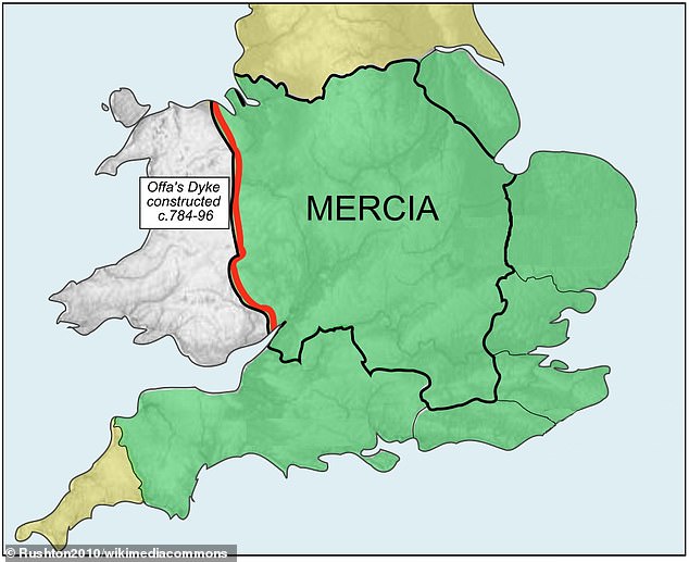 When England imported silver from France to make coins, England was divided into kingdoms, including Mercia, ruled by King Offa.  This map shows the kingdom of Mercia (thick line) and the extent of the kingdom during the Mercian Supremacy (green shading)
